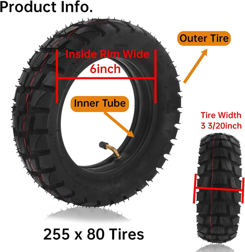 AceSupever 10 inch Scooter Tire, 10'' Electric Scooter Tire & Inner Tube (1 Set), Off Road City Road Tire 10in Inflatable Tyre for 255x80 Electric Scooter - Rim Size 6 Inches - Image 4